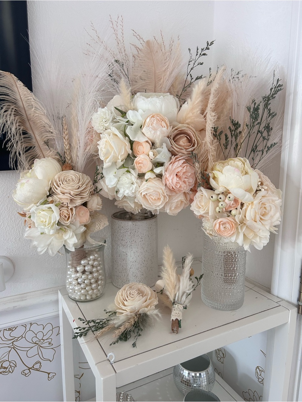 Handmade bride wedding bridal Bouquets white ivory boho neutral linen feathers